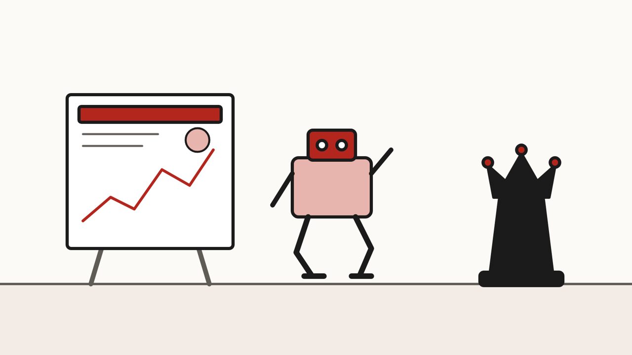 Стенд с графиком исследовательской работы, шагающий робот и шахматный ферзь — конференция, робототехника и шахматы